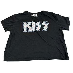 NWOT Kiss Band Tee Shirt Girl Kid Size Large 11/13 Embroidered Cotton Crop Black